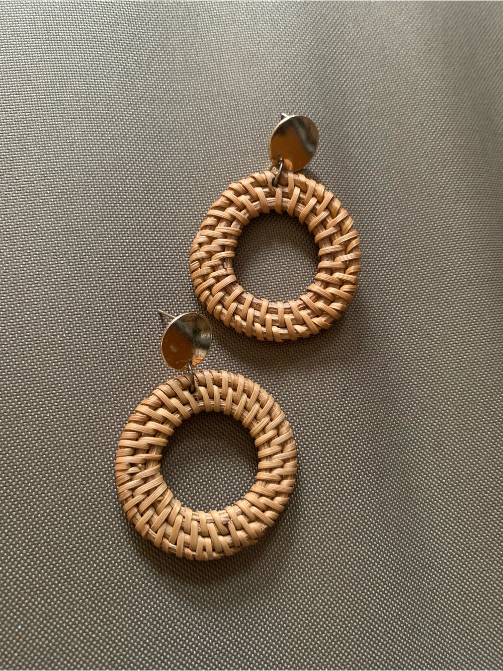 Woven Rattan Hoop Drop Earrings - Natural Tan